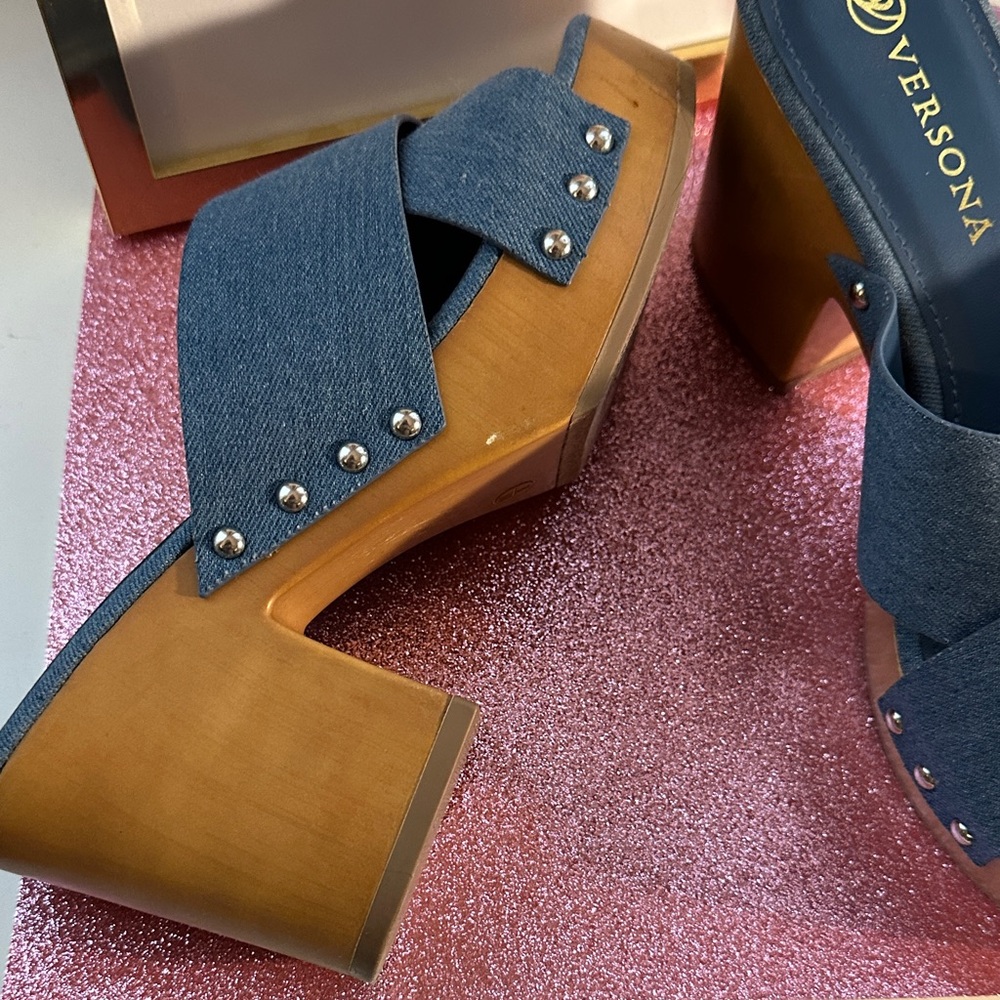 Versona Denim Blue Mules with Wooden Heel - Picture 4 of 4